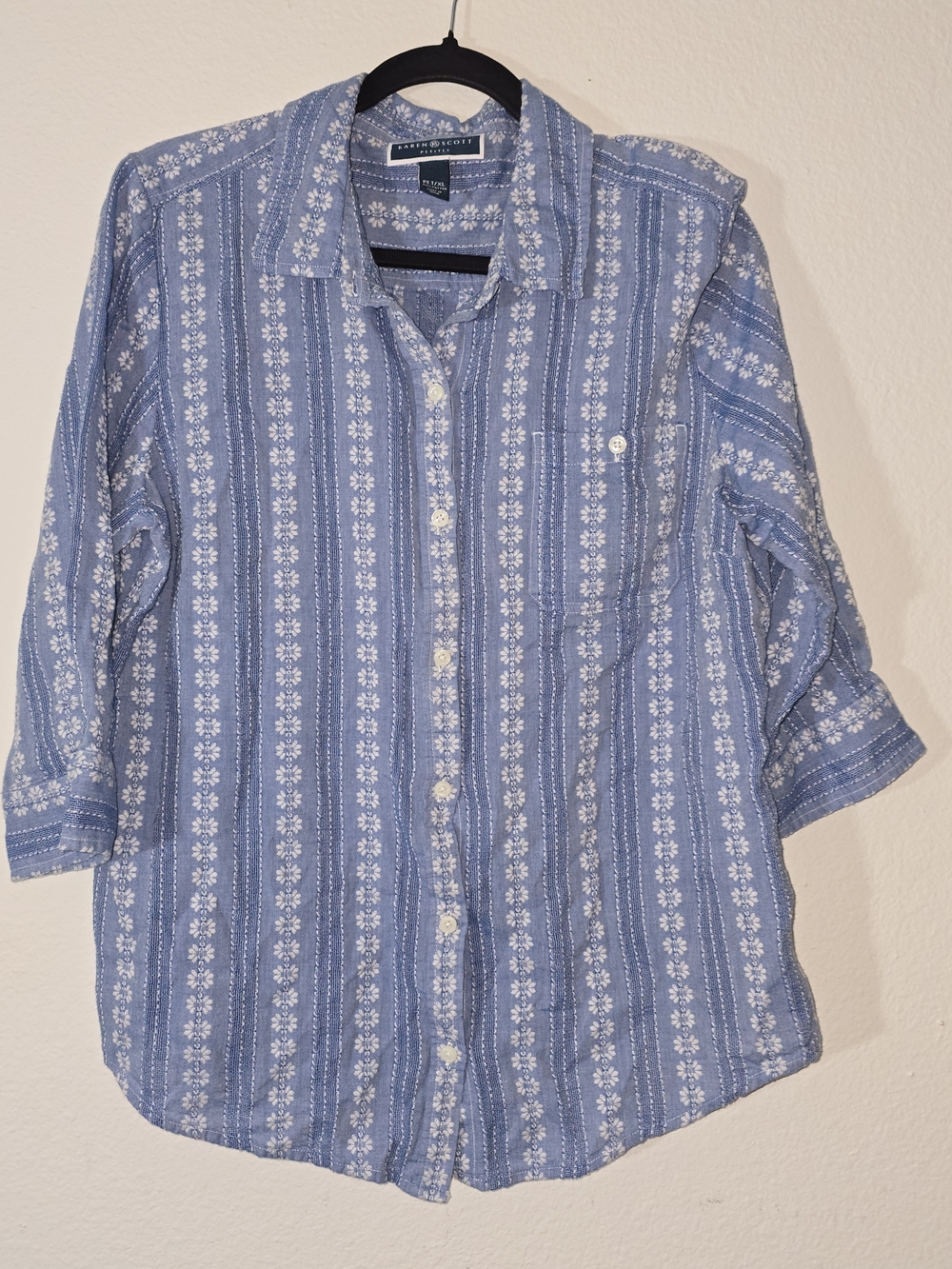 Karen Scott Blue Floral-Stripe Button Down Shirt